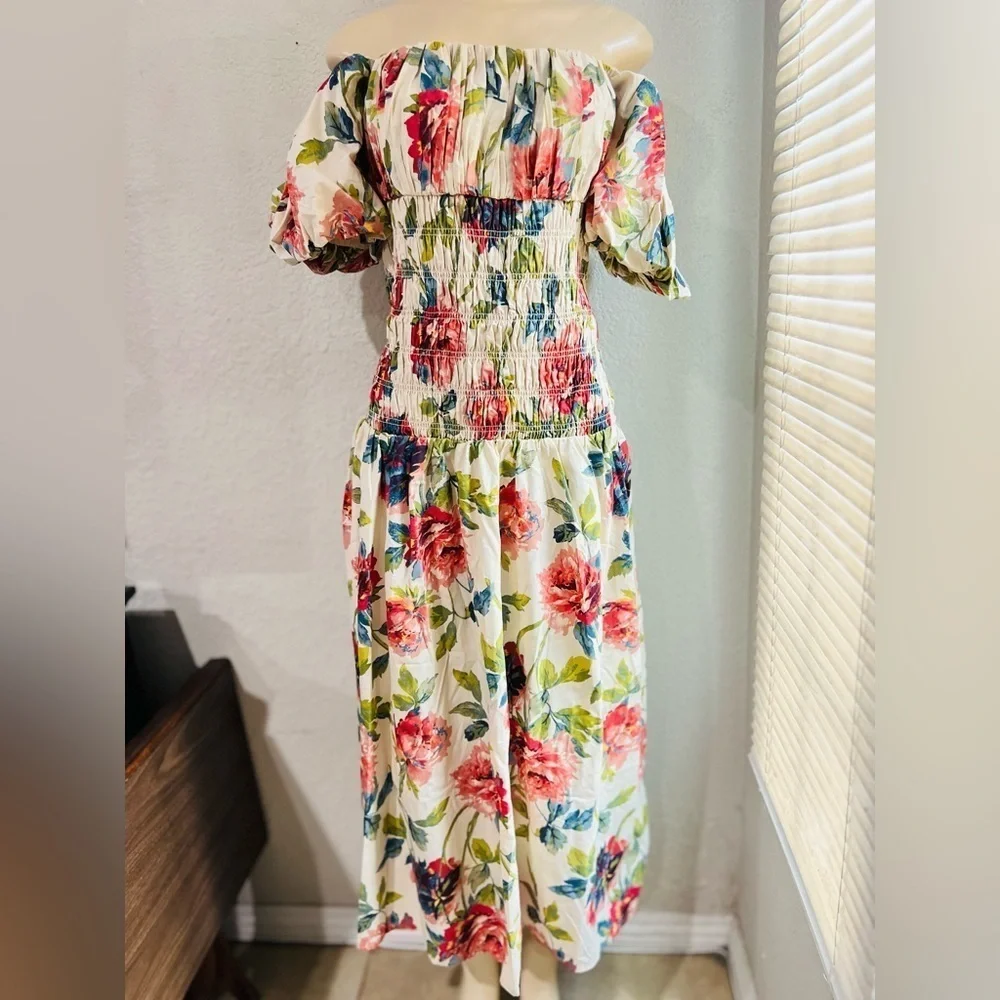 Abercrombie & Fitch Smocked Drop Waist Off Shoulder Floral Maxi Sundress NWT